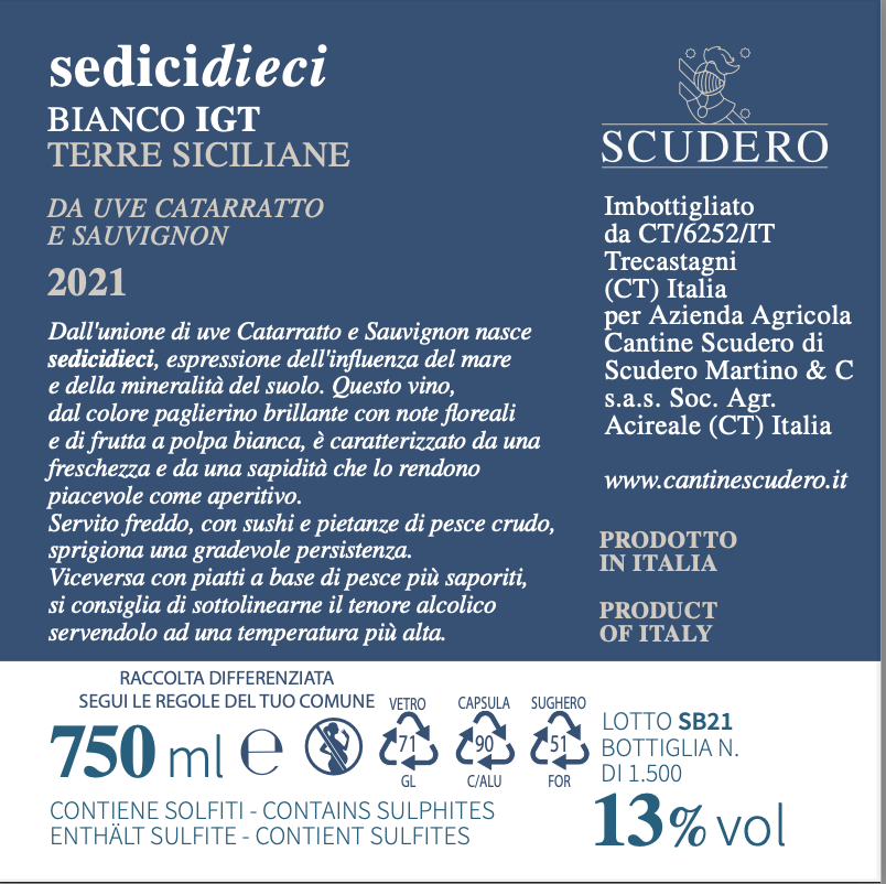 Vino bianco Catarratto/Sauvignon IGT Terre siciliane - SediciDieci - Etnaly - shop