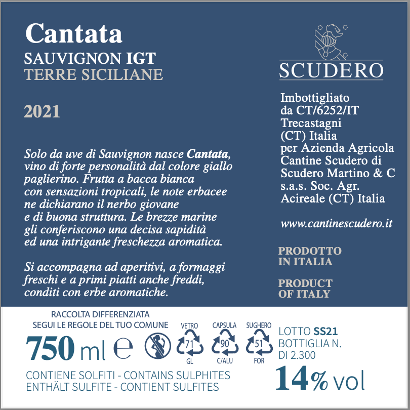 Vino bianco Sauvignon IGT Terre siciliane - Cantata - Etnaly - shop