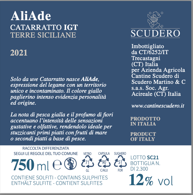 Vino bianco Catarratto IGT Terre siciliane - AliAde - Etnaly - shop